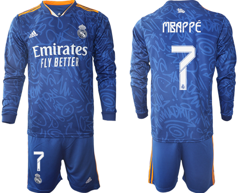 Men 2021-2022 Club Real Madrid away blue Long Sleeve #7 Soccer Jersey1->real madrid jersey->Soccer Club Jersey